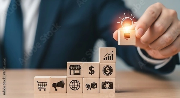 Fototapeta Hand placing a wooden block with heart and pulse icon on top of other blocks representing family, home, and healthcare services