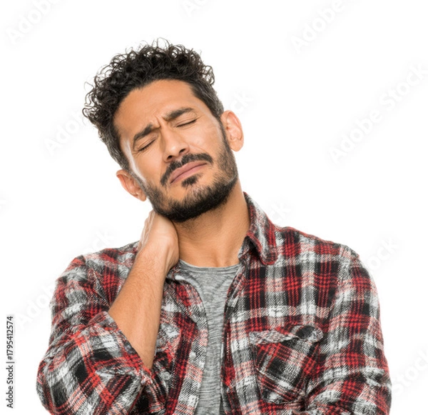 Fototapeta Man holding neck in pain emotional portrait isolated on transparent background