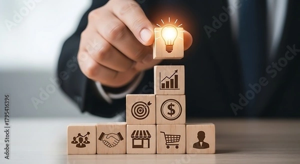 Fototapeta Fingers flipping wooden blocks from todo to doing to done, representing progress and task completion