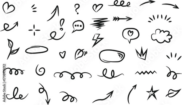 Fototapeta Line Arrow, heart, star, simple lineart bundle set collection.