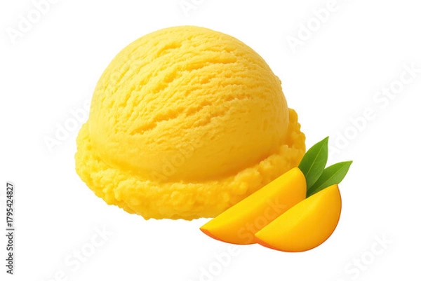 Fototapeta Mango ice cream scoop with fruit slices transparent background