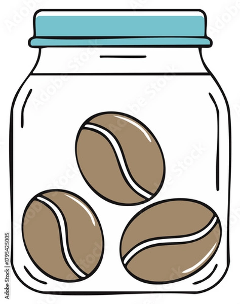 Obraz Three Coffee Beans Inside Glass Jar with Blue Lid, Simple Vector Illustration
