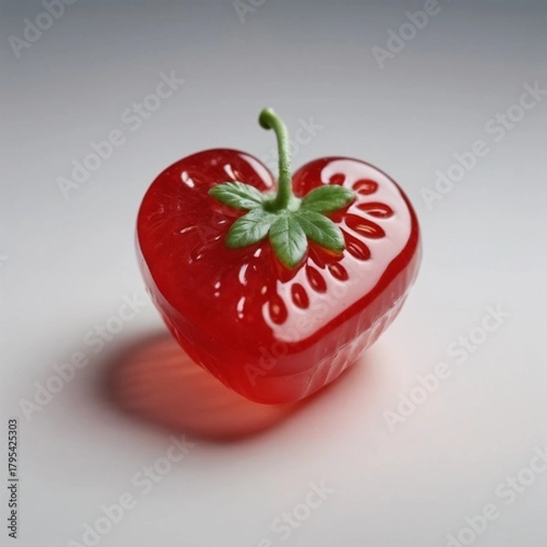 Fototapeta Heart-shaped strawberry jelly, in glossy red and green, a sweet symbol of love and summer [with copy space]