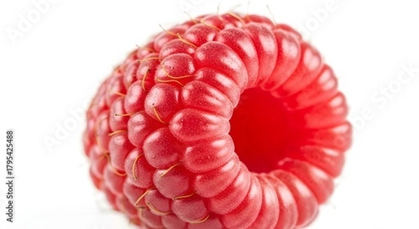 Obraz Single raspberry macro shot on white background, studio lighting, fresh fruit