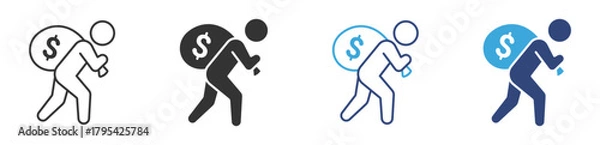 Obraz thief carrying money beg on back icon set , Robbery, Crime and Finance security icon symbol , vector illustration  . 