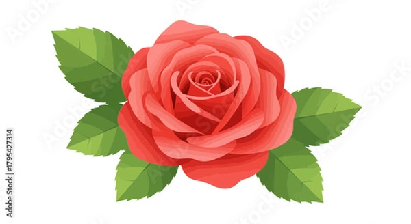 Obraz Vibrant Red Rose Blossom with Lush Green Leaves on Pure White Backdrop