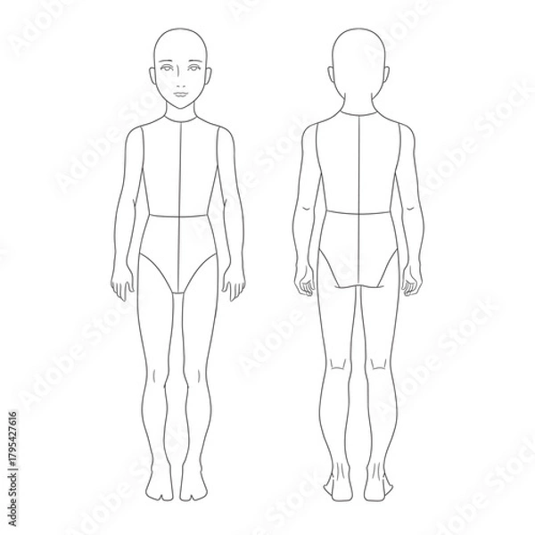 Fototapeta Toddler fashion design template featuring young boy body croquis in front and back views. Clean line art illustration perfect for toddler clothing designers, children's fashion sketching