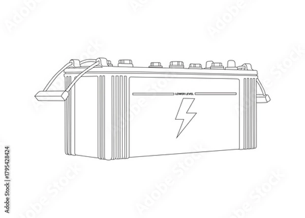 Obraz Detailed line art illustration of a car battery with terminals, cables, and power symbol.
Perfect for automotive manuals, technical guides, engineering diagrams, and battery-related projects.