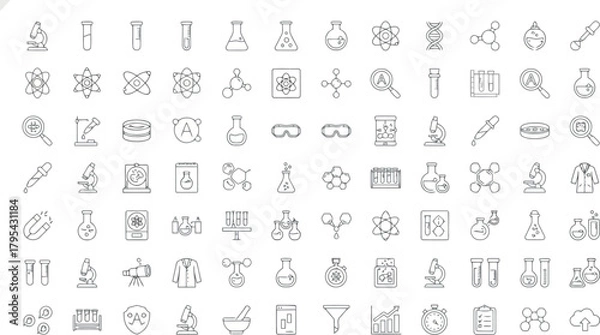 Fototapeta Collection of handdrawn science and chemistry icons with lab equipment and research symbols