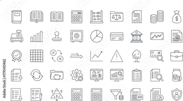 Fototapeta Set of sketchy business and finance icons including documents, money, and analytics