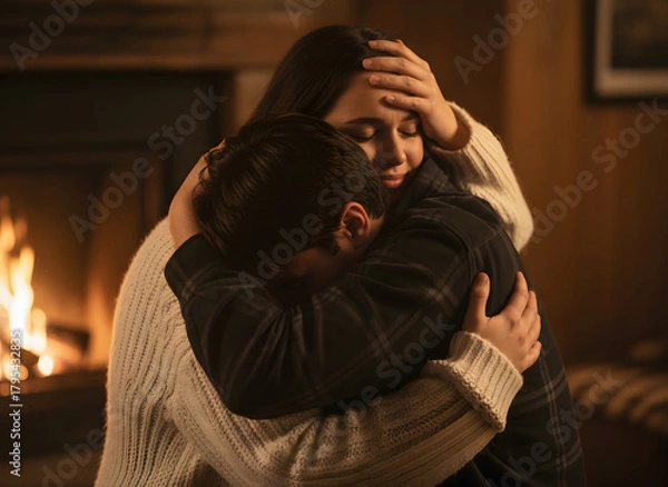 Fototapeta Two young people embracing in a warm, comforting hug