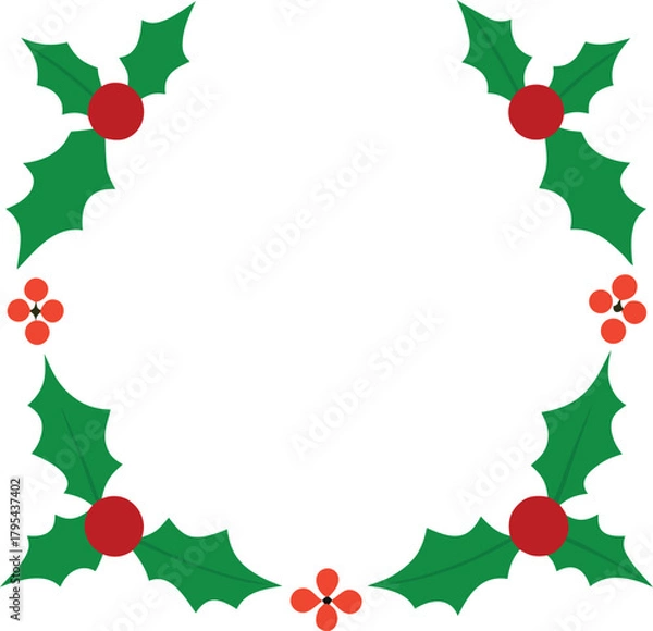 Fototapeta Christmas border divider clean holly leaves and berries colorful vector illustration