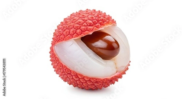 Obraz Close-up of a ripe lychee fruit with its seed visible on white background