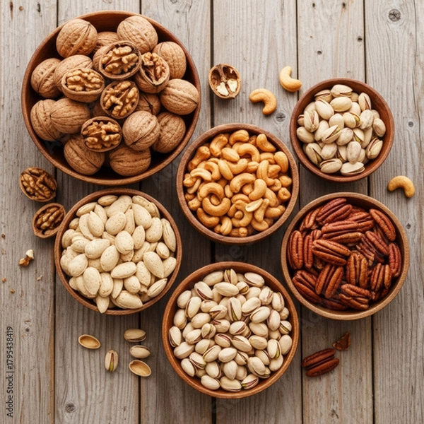 Fototapeta Various nuts in wooden bowls_1.jpeg, Various nuts in wooden bowls
