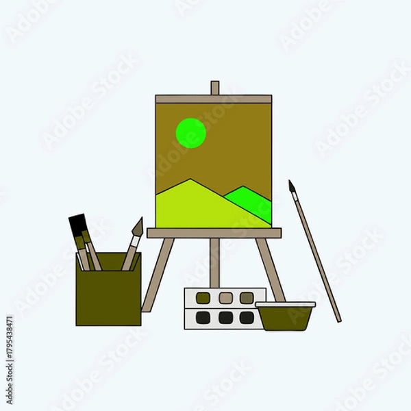 Fototapeta Art school. Painting on canvas, art palette, brushes and easel isolated on white background. Eps file. 
