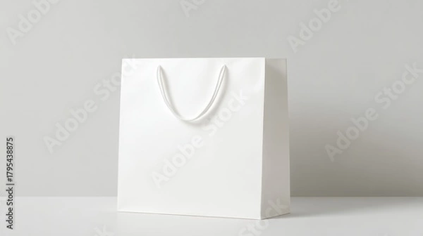 Fototapeta White blank flat-handle paper gift bag, 3D mockup, isolated with gusseted sides and eyelet handles, realistic template for design