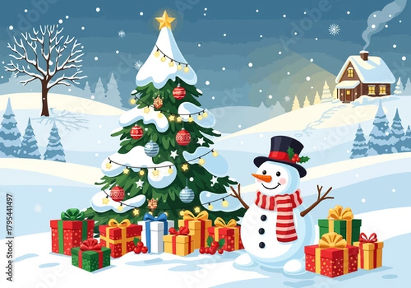 Fototapeta Festive Christmas Scene with Decorated Tree Snowman and Gifts in Snowy Landscape.