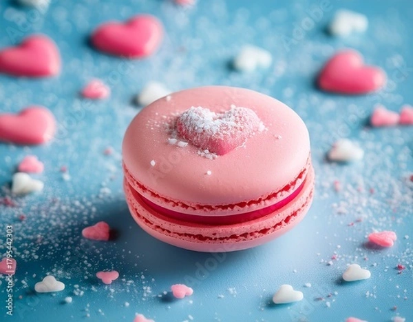 Fototapeta a delicate pink macaron with a sweet heart shaped decoration resting on a light blue surface adorned with pastel sprinkles and powdered sugar