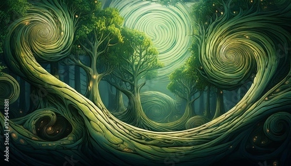 Fototapeta enigmatic forest spiraling designs adorn the verdant trees in a mystical woodscape