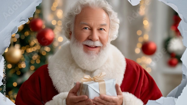 Fototapeta Santa Claus holding wrapped present, smiling warmly. Cozy indoor atmosphere adorned with sparkling lights and Christmas tree. Concept of holiday celebrations, festive marketing, retail promotions