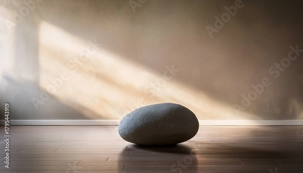 Fototapeta serene minimalist interior scene with single smooth stone on polished floor against textured wall