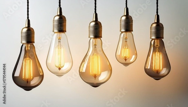 Fototapeta elegant warm glow modern edison style light bulbs hanging in a row against a bright minimalist white background perfect for interior design and innovation concepts