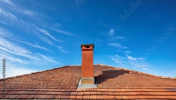 Fototapeta a classic brick chimney standing tall on a tiled roof under a bright blue sky symbolizing home comfort warmth and traditional architecture