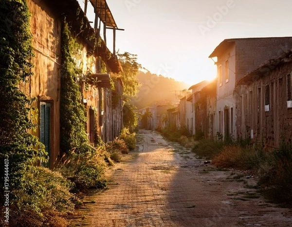 Fototapeta sunlit deserted street with weathered buildings and overgrown vegetation at golden hour