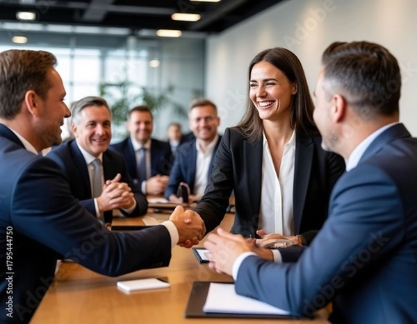 Fototapeta colleagues shaking hands at a meeting in the office while sitting at a table.