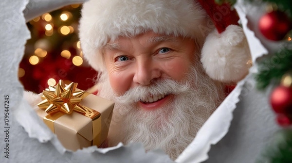Fototapeta Santa Claus with white beard is smiling and holding a wrapped gift with a golden bow. Background filled with warm lights and decorated Christmas trees creates joyful holiday spirit