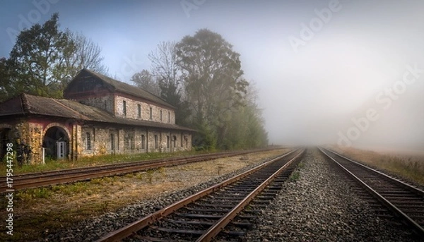 Fototapeta ethereal fog engulfs abandoned railway tracks and an old station building evoking a sense of timeless journey and solitude