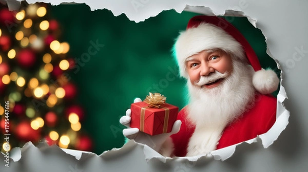 Fototapeta Santa Claus looking at camera while holding a wrapped gift with a golden bow. Background features a decorated Christmas tree with shimmering ornaments