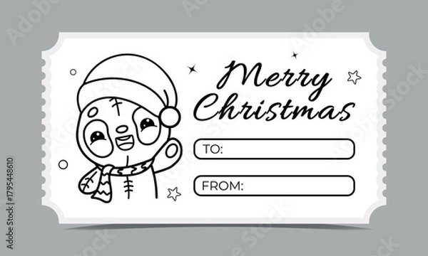 Obraz Funny Christmas ticket with a cute panda, vector coloring page for kids