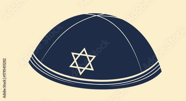 Fototapeta A dark blue yarmulke with white stitching featuring a white Star of David emblem on its front surface.