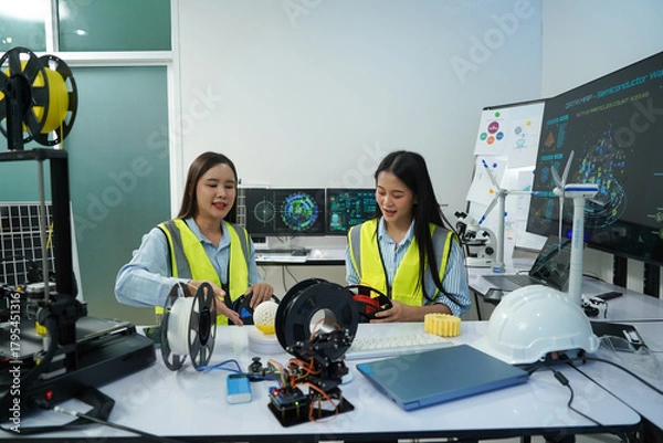 Fototapeta Technicians work with a 3D printer to print a clear white plastic model using cutting-edge technology, focusing on specific points, in a lab.