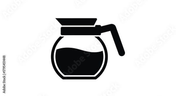 Fototapeta A simple black and white graphic illustration of a glass coffee carafe filled with dark liquid and a handle on the right side.