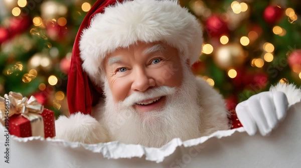 Fototapeta Santa Claus smiling joyfully while holding a blank sign for messages. Festive setting with colorful holiday lights and decorations. Concept of Christmas, holiday marketing, seasonal greetings