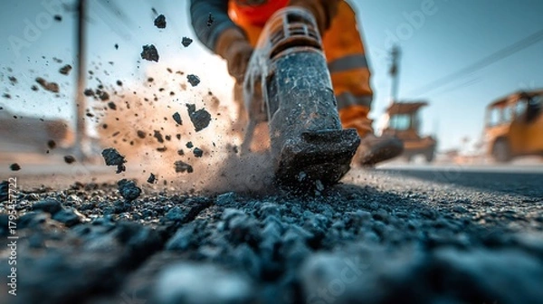 Obraz Construction worker jackhammering asphalt, breaking road surface