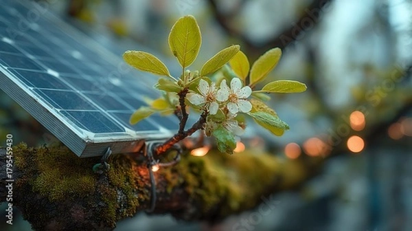Obraz Solar panel powering lights among spring blossoms
