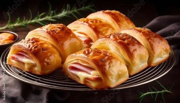 Fototapeta flaky pastry rolls filled with salty ham and melted cheese ready to be served warm from the oven breakfast food
