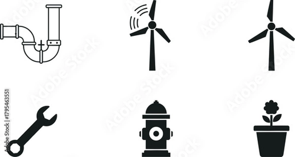 Fototapeta Set of industrial and utility icons including plumbing pipe, wind turbines, wrench tool, fire hydrant, and flower pot, clean minimal vector design