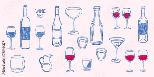 Obraz Vector illustration set of glass, wine, juice and party glass hand drawn  icons with assorted wine, beer, and cocktail drink silhouettes