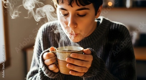 Obraz person blowing coffee