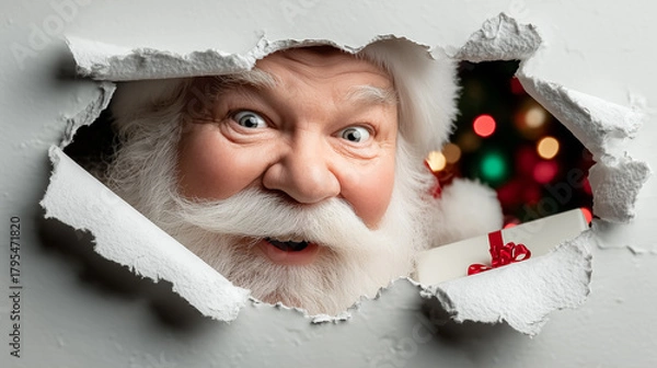 Fototapeta Santa Claus peeks through a torn wall with excitement, holding a gift and a letter. Background features colorful holiday lights, creating a joyful Christmas atmosphere