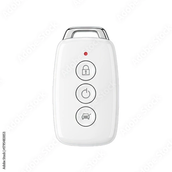 Obraz Modern White Key Fob with Lock Unlock Power and Car Symbols Isolated on Black Background Studio Lighting