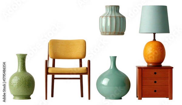 Fototapeta Modern Minimalist Furniture Arrangement with Colorful Vases and Decorative Items