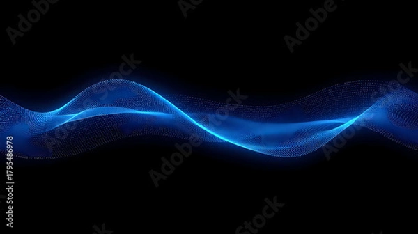 Fototapeta Dynamic glowing blue abstract wave of particles flows elegantly across a deep black background, perfect for technology and science themes