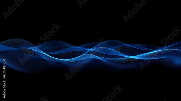 Fototapeta Dynamic blue digital waves flow gracefully across a dark void, symbolizing data streams and futuristic technology for modern innovation and abstract design