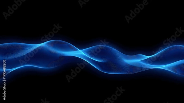 Fototapeta Mesmerizing blue digital wave of particles flows dynamically across a dark background, representing data streams, technology, and abstract motion