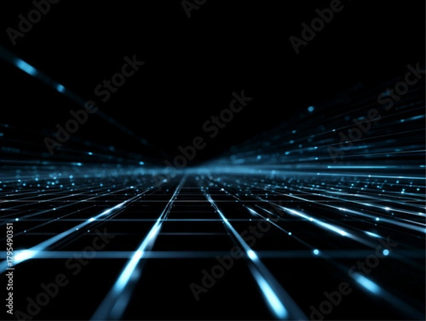 Fototapeta Futuristic glowing blue-white digital grid tunnel in deep black void, sci-fi cyberspace, with converging lines and volumetric light